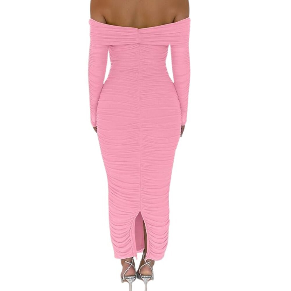Fall Off Shoulder Maxi Bodycon Long Sleeve Ruched Dress Size Large - Picture 2 of 4